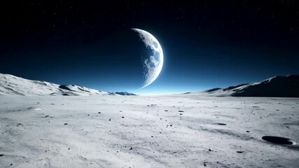 Wall Mural - Lunar surface landscape featuring a large crescent moon in a dark starry sky with craters and distant mountains