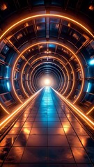 Wall Mural - futuristic tunnel with circular light rings and tiled floor illuminated by a bright light at the end