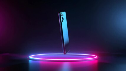 Sticker - floating modern smartphone above neon-lit platform, ideal for tech innovation and futuristic concept