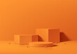 © JE48 - Orange 3D cylindrical podium background with cube and hexagon pedestal. Minimalist mockup. Abstract stand product display wall scene presentation, Stage for showcase. Vector geometric platforms design