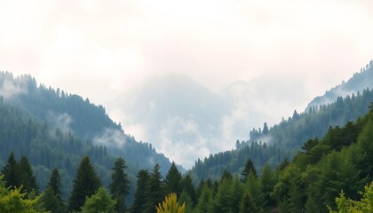 Naklejka na meble Misty watercolor mountain range with lush green trees, soft sky,  serene,  painting