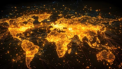 Wall Mural - global network map of illuminated city lights.