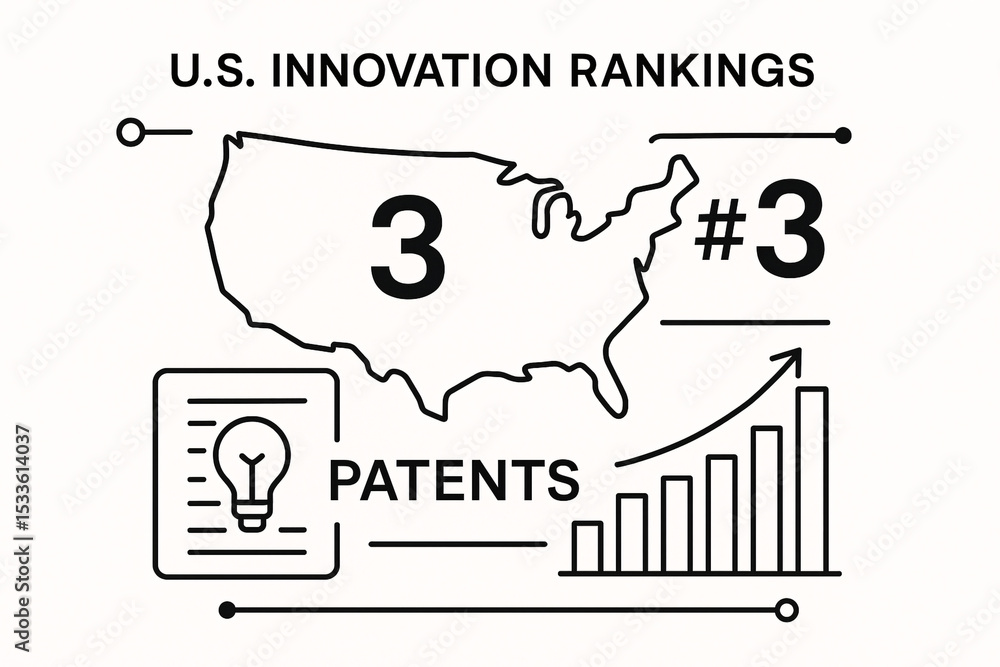 Us innovation rankings graphic showing the united states map and patent ...