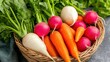 © PStyle - A basket filled with fresh carrots, radishes, and turnips, showcasing vibrant colors and leafy greens.