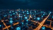 © Berkah - City network at night with wireless signals.
