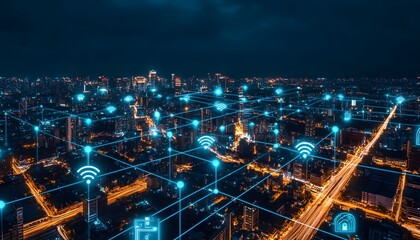 Wall Mural - city network at night with wireless signals.