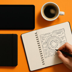 designer sketching innovative tech interface in notebook near tablet and coffee
