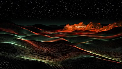 Wall Mural - abstract landscape with glowing hills under a starry night.