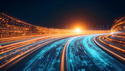 Wall Mural - digital highway curving through a cityscape at night.