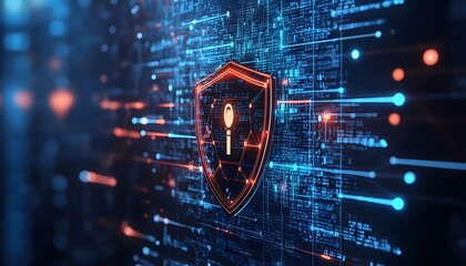 Wall Mural - abstract illustration of a security shield against a digital network background.