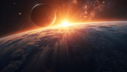 Wall Mural - Sunrise over planet Earth with another planet in background. Illustration represents cosmos, universe vastness with stars, nebulae, planet, Sun. Bright, vivid colors of space. Science, astronomy