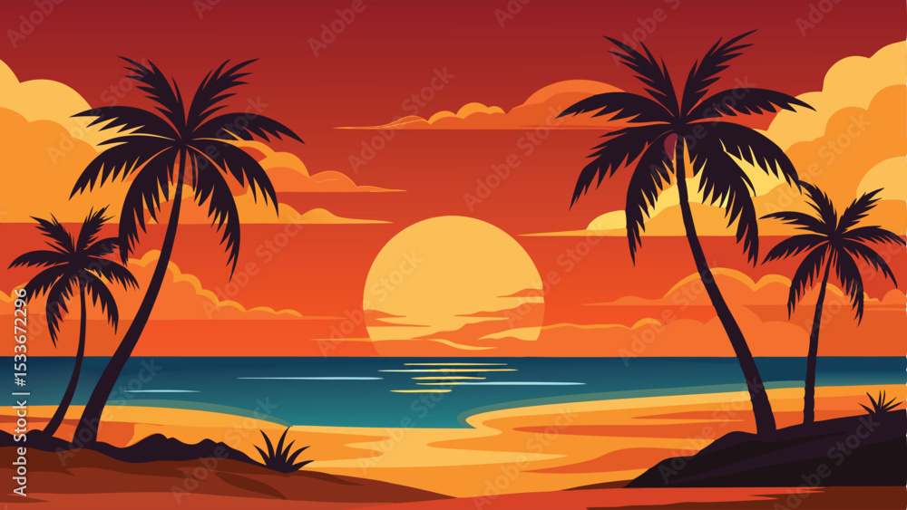Tropical sunset beach scene vector illustration with palm trees and a ...