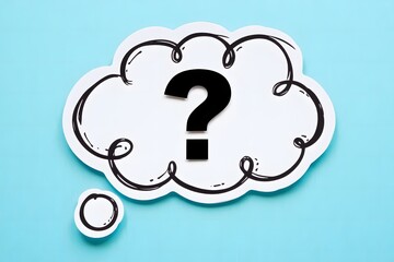 black question mark inside a thought bubble on a light blue background represents inquiry pondering 