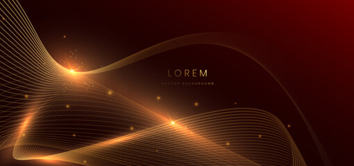 Wall Mural - gold wave lines on dark red background with lighting effect sparkle. luxury template celebration awa