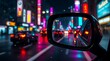 © Miracle - Here's a single descriptive sentence for a stock photo of city night traffic:Night city traffic blurs with the motion of cars and lights reflected in a mirror view from a fast driving vehicle on the
