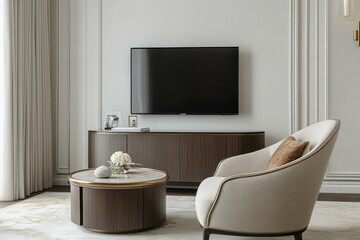 high resolution image of living room interior with chair and tv set on drawer mockup screen high det