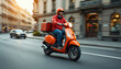 © Vadym - Delivery man rides orange scooter, delivering food or goods. Courier with thermal backpack drives fast on city street. Express online order home delivery service.