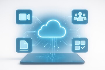 cloud computing interface with icons floating above a tablet device