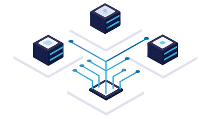 isometric illustration of a network with connected cubes and central processing unit design