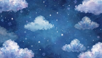 Wall Mural - Watercolor seamless pattern of starry night sky. Blue shades, white clouds, shining stars, dots. Fantasy illustration for design projects like textile, wrapping paper, wallpaper. Celestial, cosmos