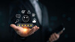 © ACHJIMA - Business hand presenting five star rating icon customer satisfaction review feedback system quality assurance positive experience digital service trust evaluation online reputation management