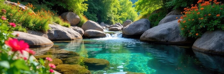 Wall Mural - Crystal clear water flows from a mountain spring, surrounded by lush greenery and vibrant wildflowers in bloom The air is crisp and cool, promising a refreshing escape , ecosystem, spring