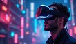 © Vadym - Man immerses into virtual reality world. VR headset, glowing neon lights, futuristic tech, cyberspace digital. High-tech innovation, entertainment, gaming, modern metaverse experience.