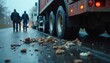© Vadym - Truck wheel on wet asphalt road. Fragments food lying on road. Three men silhouette against truck. Transportation, delivery, supply chain. Road accident or food waste concept.
