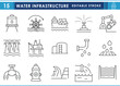 © Parbat - A set of line icons related to Water Infrastructure. Water, dam, oil, pipes, transportation, irrigation, and so on. Vector editable stroke.
