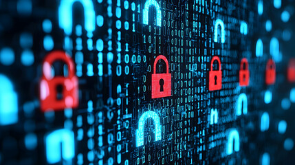 digital cybersecurity concept with red and blue padlocks amid streams of binary code on a dark backg