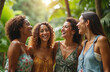 © Vadym - Group of diverse women laugh in tropical garden. Friends enjoy afternoon sunshine, sharing joy, good times. Happy faces, smiles. Friendship, happiness, relaxation, vacation, carefree lifestyle.