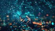 © Subhan - Digital technology concept, hand holding smartphone with holographic data and connection lines on dark blue background.