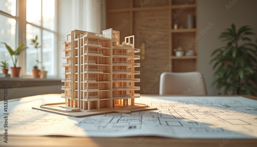 Architectural model modern high-rise apartment building on blueprint ...