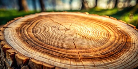 Close-up view of a tree stump's concentric rings, showcasing the natural beauty of wood grain texture in a sunlit forest setting