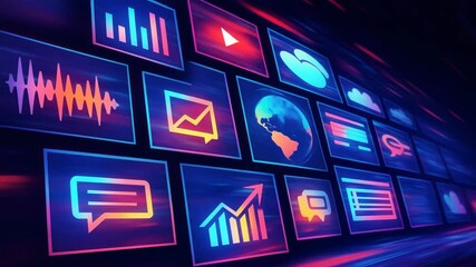Wall Mural - dynamic video wall with vibrant digital icons, angled in perspective. displays graphs, chat bubbles,