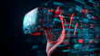 © James - A hand interacts with a futuristic VR headset, surrounded by glowing digital data streams and holographic interfaces in a dark cyber environment.