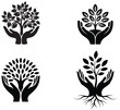 © Usman - Set of black eco tree icons with hands holding plants, symbolizing growth, care, environment and sustainability
