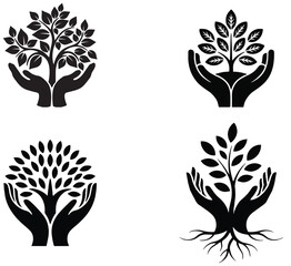 set of black eco tree icons with hands holding plants, symbolizing growth, care, environment and sus