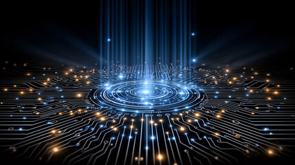 Canvas Print - data flow: a circuit board glows with vibrant blue and orange lights, visually representing the intr