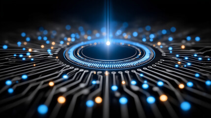 Wall Mural - illuminating circuits: a mesmerizing close-up of a futuristic computer circuit board, radiating with