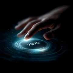 Wall Mural - a hand hovers above a futuristic digital interface displaying the year 2025