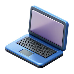 3d rendering of a blue laptop with a black keyboard and purple screen a plastic-style icon on a transparent background