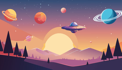 a cosmic landscape with stars, planets and a starship