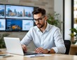 © Manon - Focused professional working on laptop in modern office business insights urban environment contemporary design productivity concept