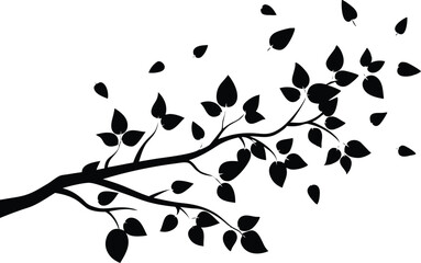 Silhouette Of A Tree Branch With Scattered Leaves - Premium Design Element