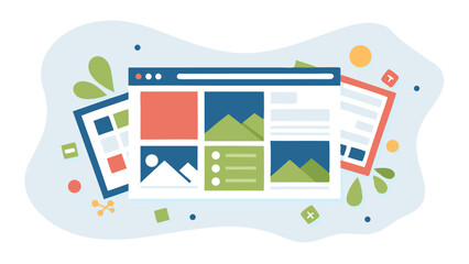 Wall Mural - illustration of a web browser window with various content blocks and design elements scattered aroun