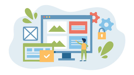 Wall Mural - person interacting with a computer screen displaying various content and settings icons near by