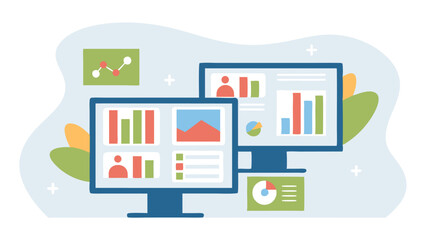Wall Mural - two computer screens displaying data charts and graphs with a light background design style present