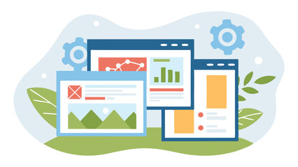 Wall Mural - illustration of three web pages with charts, images, and gears on a green and white background