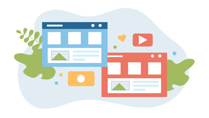 Wall Mural - illustration of two web browser windows with associated media icons and plant element design